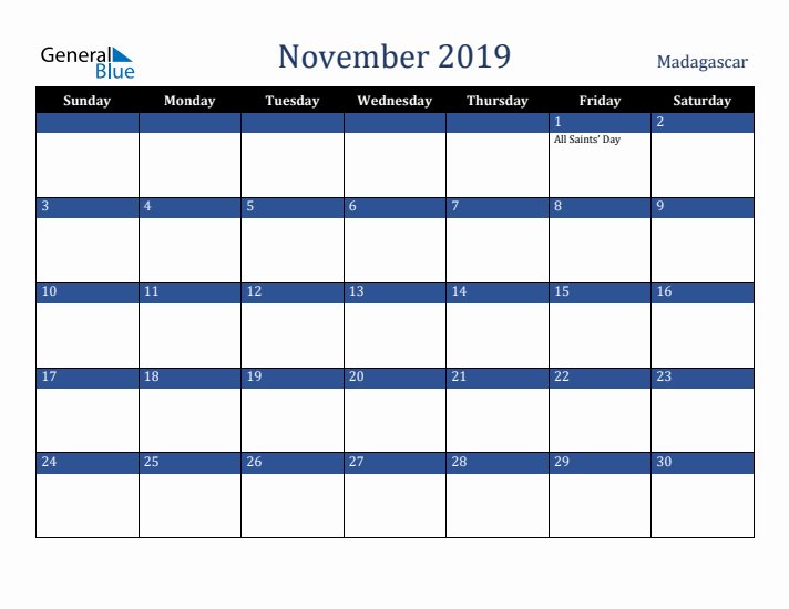 November 2019 Madagascar Calendar (Sunday Start)