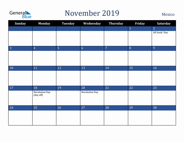 November 2019 Mexico Calendar (Sunday Start)