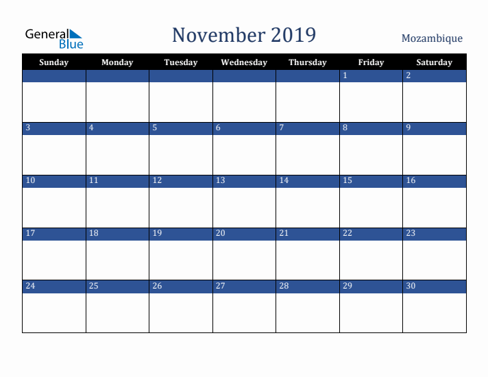November 2019 Mozambique Calendar (Sunday Start)