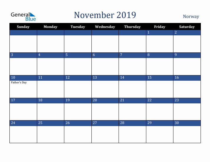 November 2019 Norway Calendar (Sunday Start)
