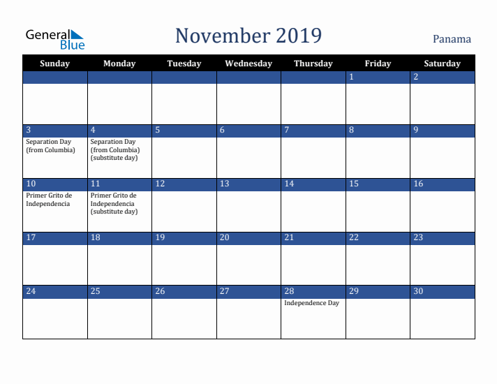 November 2019 Panama Calendar (Sunday Start)