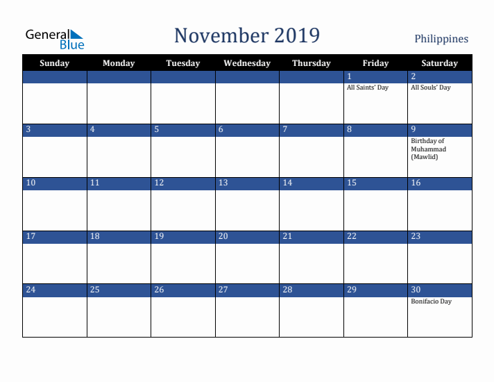November 2019 Philippines Calendar (Sunday Start)