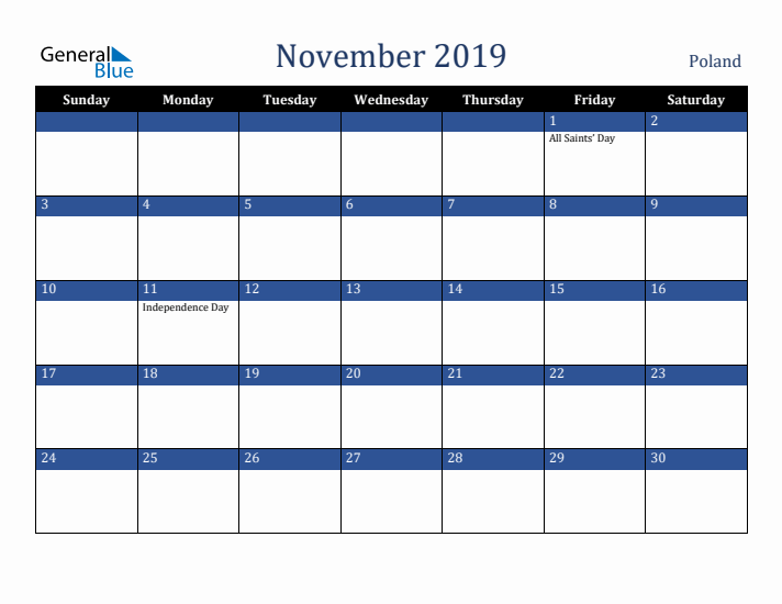 November 2019 Poland Calendar (Sunday Start)