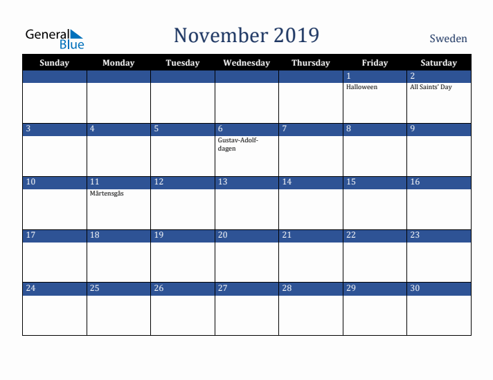 November 2019 Sweden Calendar (Sunday Start)