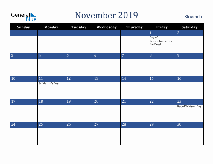November 2019 Slovenia Calendar (Sunday Start)