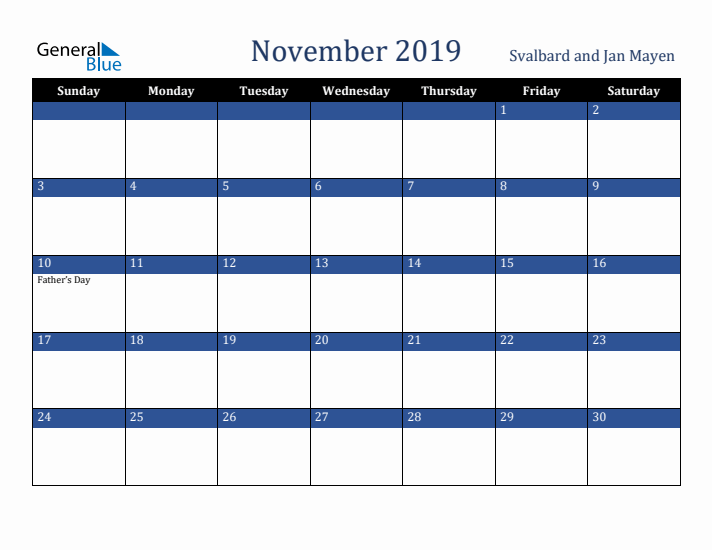 November 2019 Svalbard and Jan Mayen Calendar (Sunday Start)