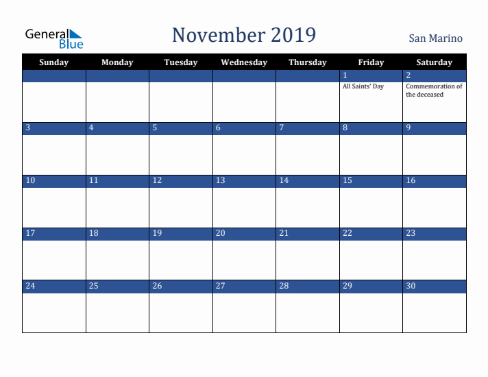 November 2019 San Marino Calendar (Sunday Start)