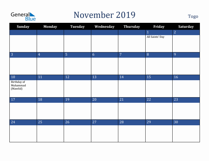 November 2019 Togo Calendar (Sunday Start)