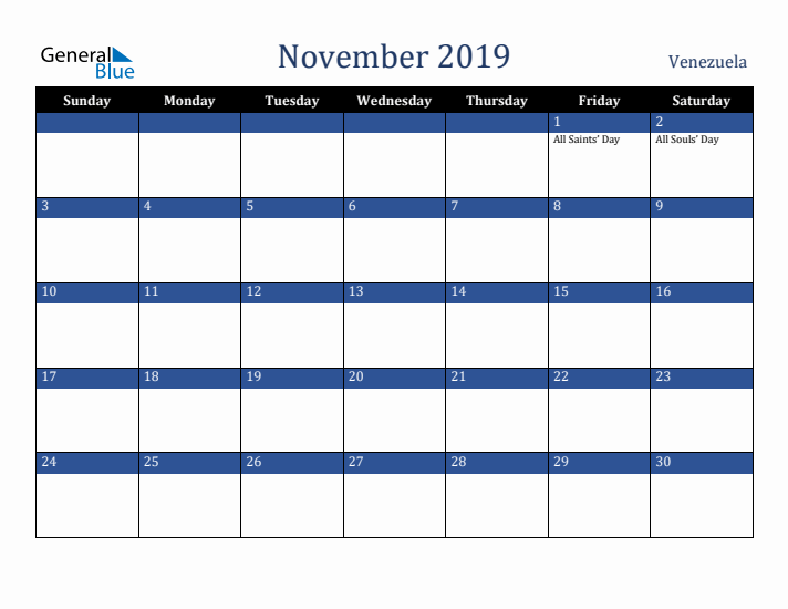 November 2019 Venezuela Calendar (Sunday Start)