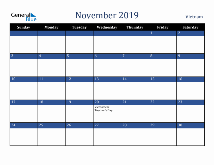 November 2019 Vietnam Calendar (Sunday Start)