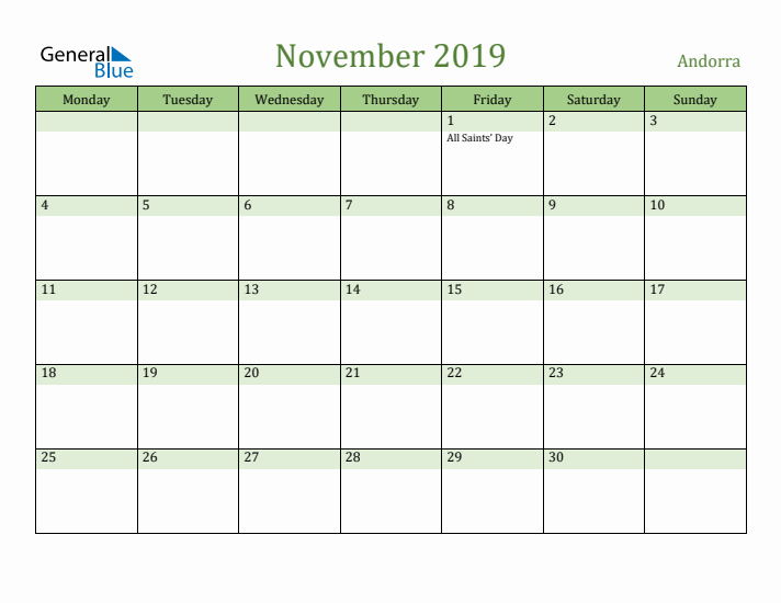 November 2019 Calendar with Andorra Holidays