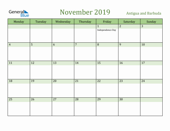 November 2019 Calendar with Antigua and Barbuda Holidays