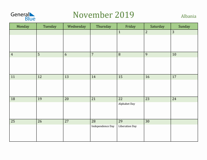 November 2019 Calendar with Albania Holidays