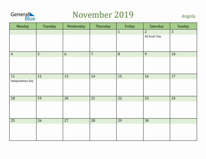 November 2019 Calendar with Angola Holidays