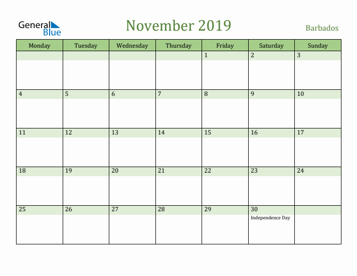November 2019 Calendar with Barbados Holidays