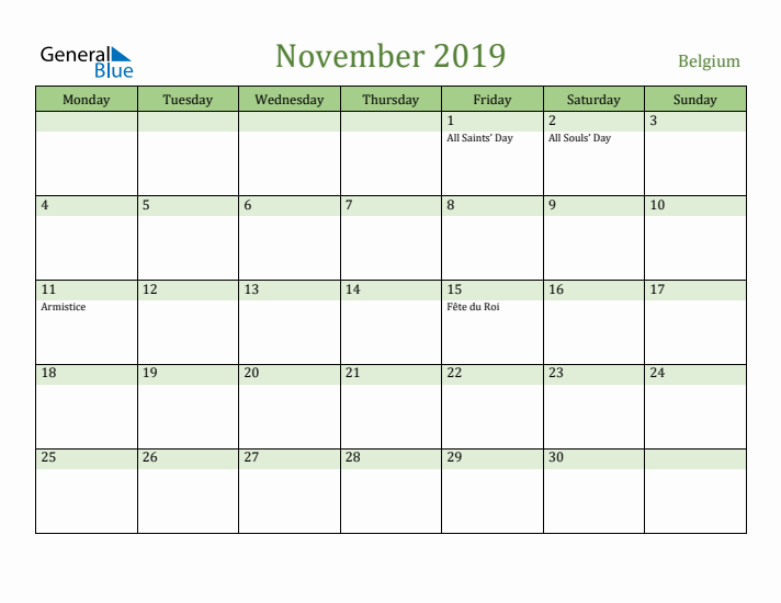 November 2019 Calendar with Belgium Holidays