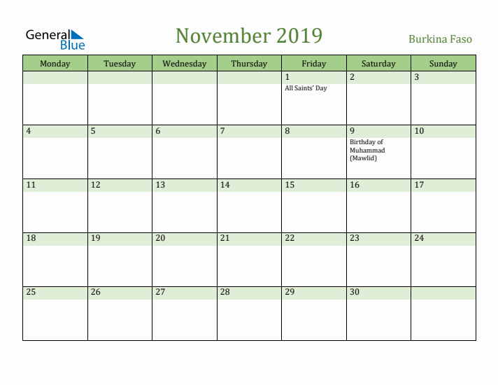November 2019 Calendar with Burkina Faso Holidays