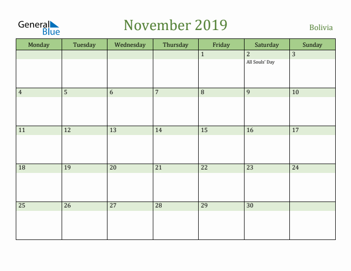 November 2019 Calendar with Bolivia Holidays