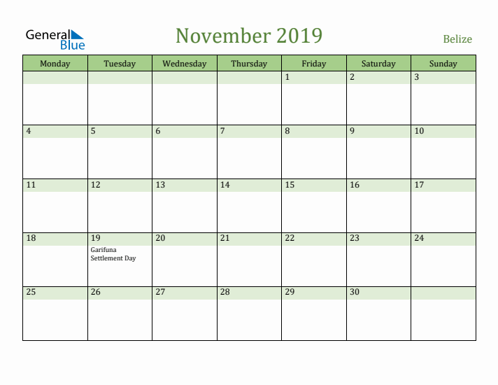 November 2019 Calendar with Belize Holidays