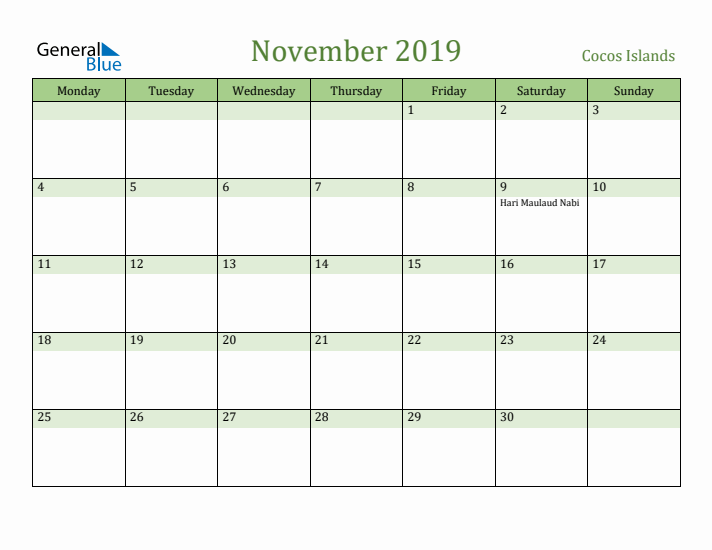 November 2019 Calendar with Cocos Islands Holidays