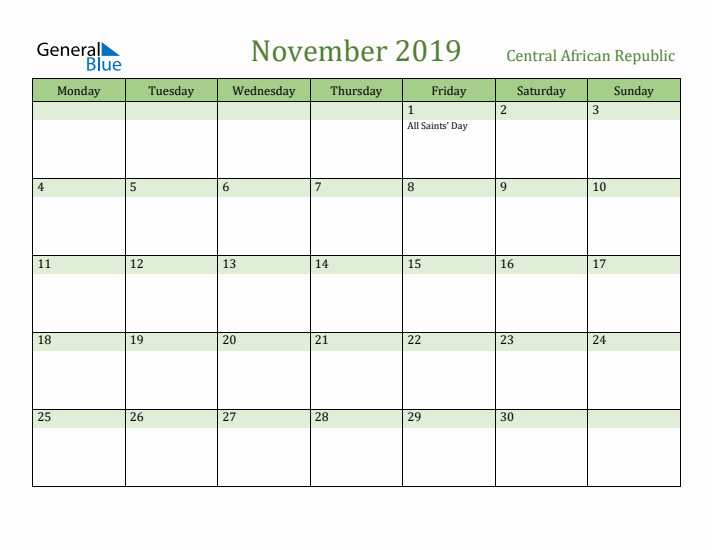 November 2019 Calendar with Central African Republic Holidays