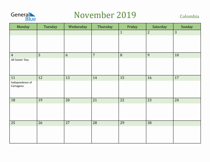 November 2019 Calendar with Colombia Holidays