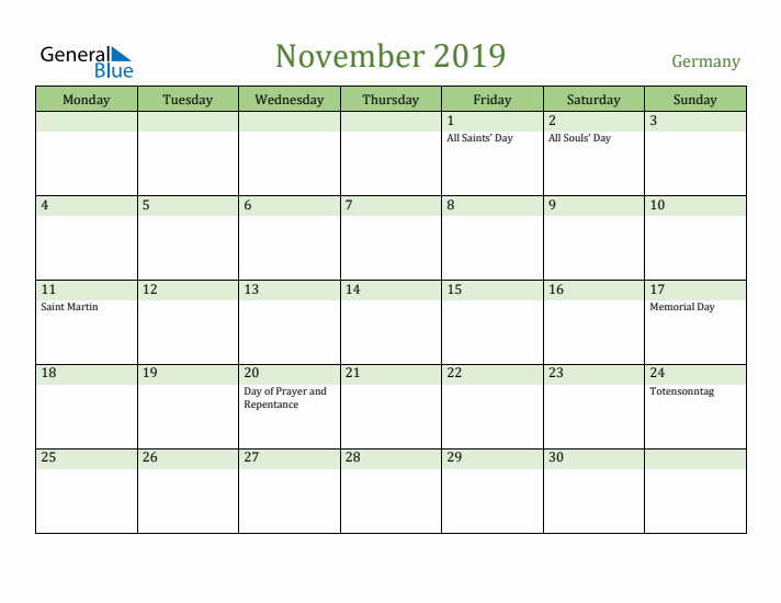 November 2019 Calendar with Germany Holidays
