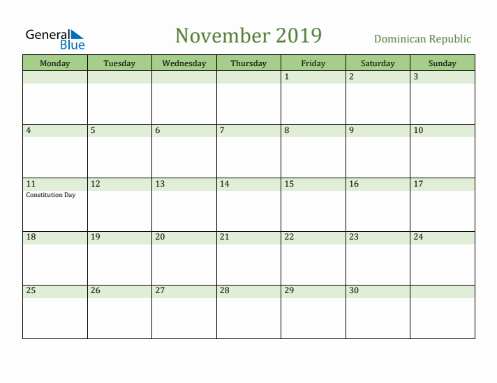 November 2019 Calendar with Dominican Republic Holidays