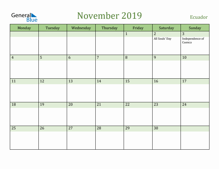 November 2019 Calendar with Ecuador Holidays