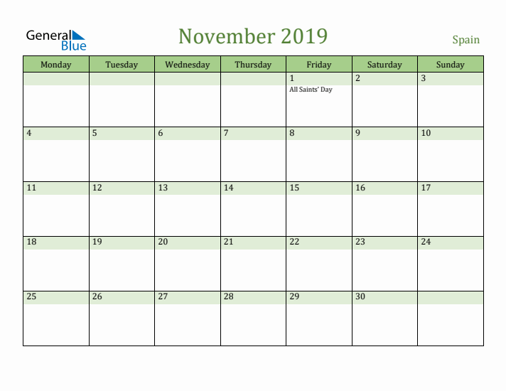 November 2019 Calendar with Spain Holidays