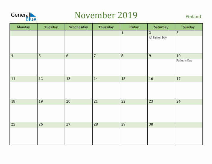 November 2019 Calendar with Finland Holidays