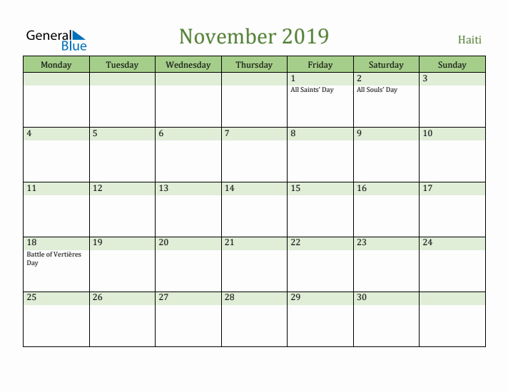 November 2019 Calendar with Haiti Holidays