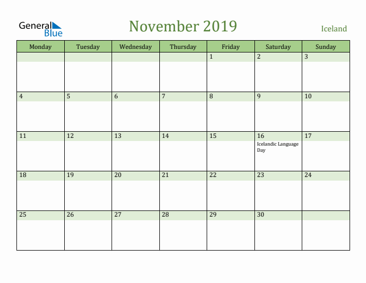 November 2019 Calendar with Iceland Holidays
