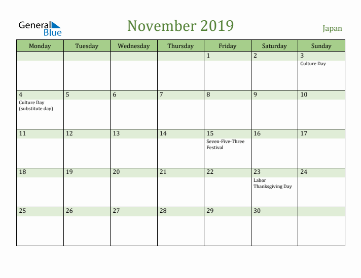 November 2019 Calendar with Japan Holidays