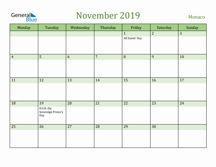November 2019 Calendar with Monaco Holidays