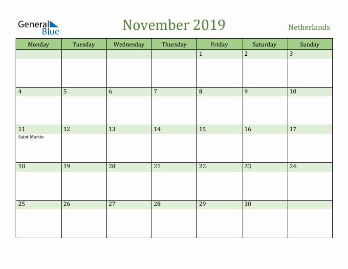 November 2019 Calendar with The Netherlands Holidays