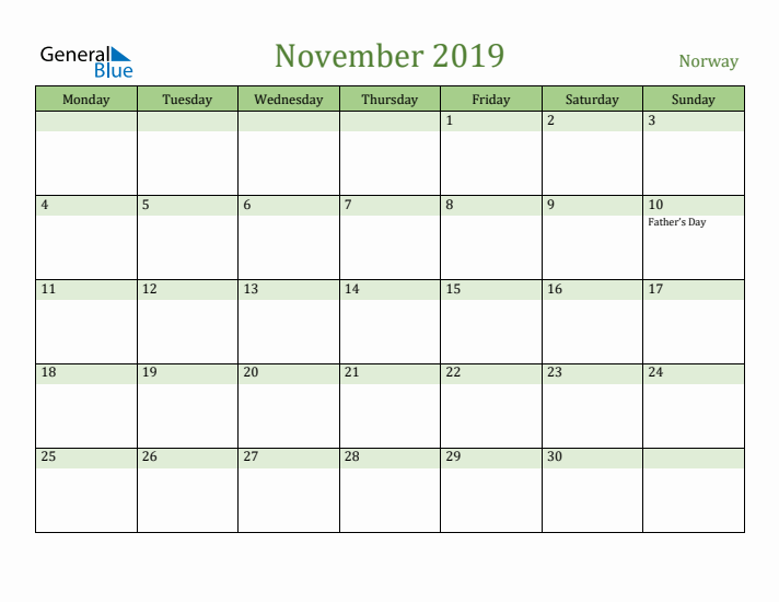 November 2019 Calendar with Norway Holidays