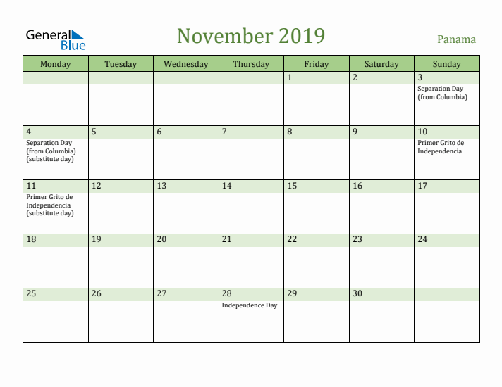 November 2019 Calendar with Panama Holidays