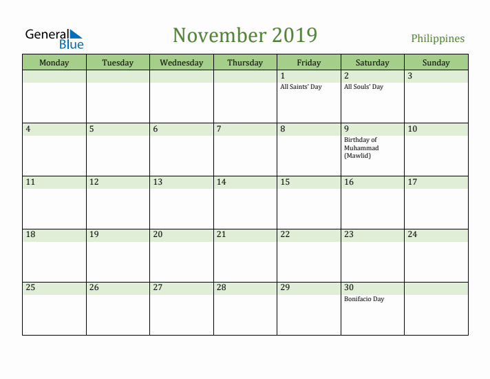 November 2019 Calendar with Philippines Holidays