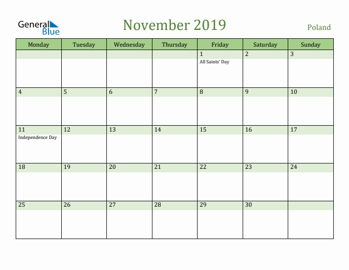 November 2019 Calendar with Poland Holidays