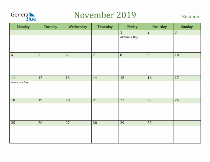 November 2019 Calendar with Reunion Holidays
