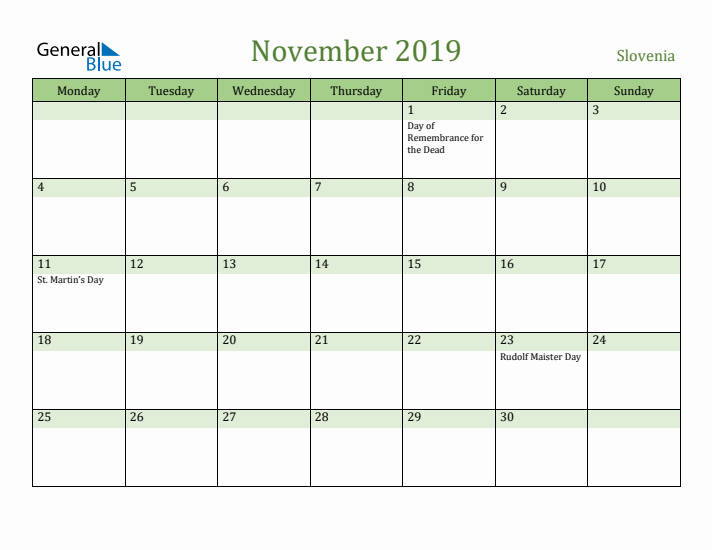 November 2019 Calendar with Slovenia Holidays