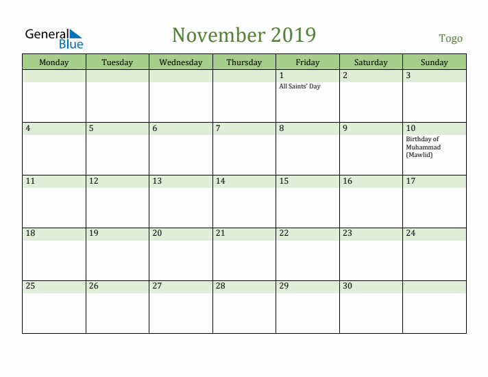November 2019 Calendar with Togo Holidays