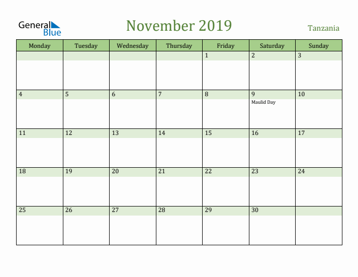 November 2019 Calendar with Tanzania Holidays