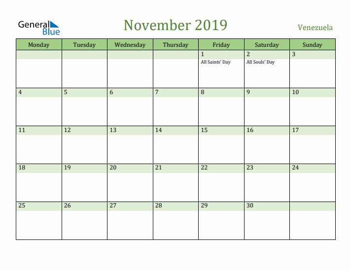 November 2019 Calendar with Venezuela Holidays