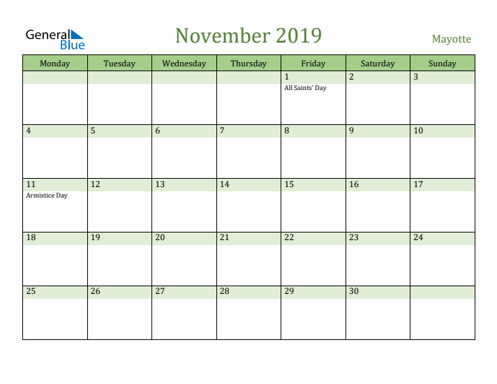 November 2019 Calendar with Mayotte Holidays