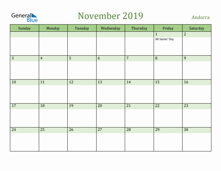 November 2019 Calendar with Andorra Holidays