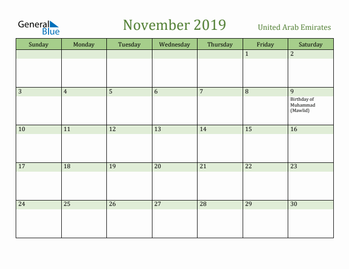 November 2019 Calendar with United Arab Emirates Holidays