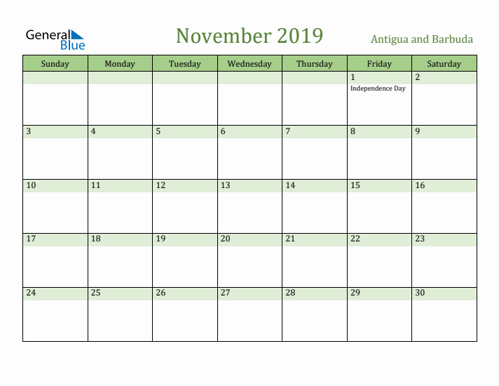 November 2019 Calendar with Antigua and Barbuda Holidays