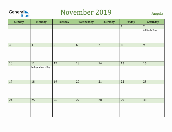 November 2019 Calendar with Angola Holidays